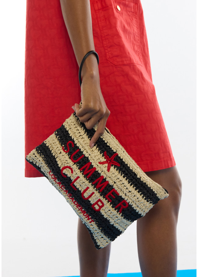 Striped raffia effect wallet with 3D embroidery