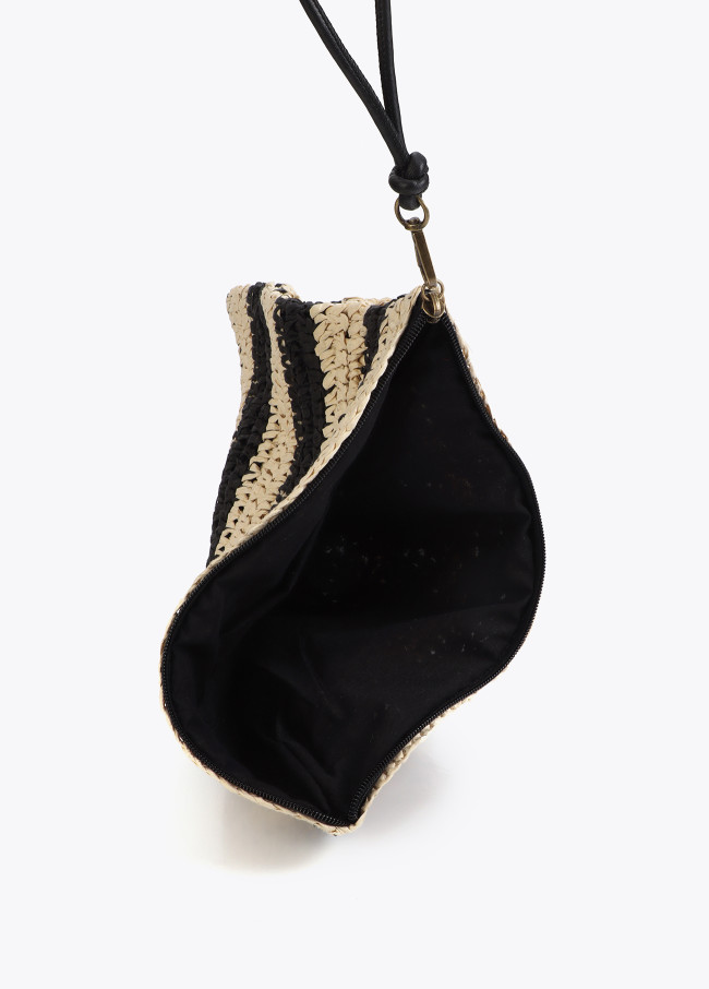 Striped raffia effect wallet with 3D embroidery