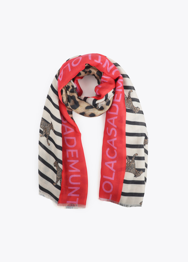 Lenço com estampado de riscas e leopardos