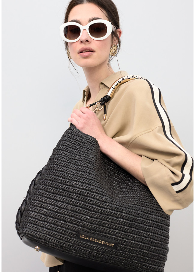 Shopper effetto rafia con manico traforato e logo
