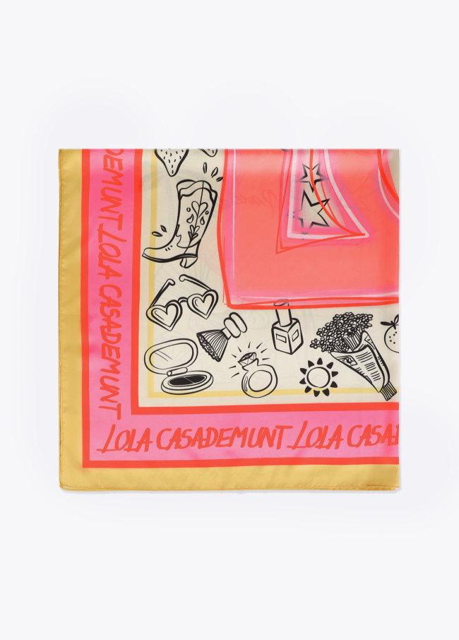 Foulard Satiné avec Motifs Variés et Logo LC