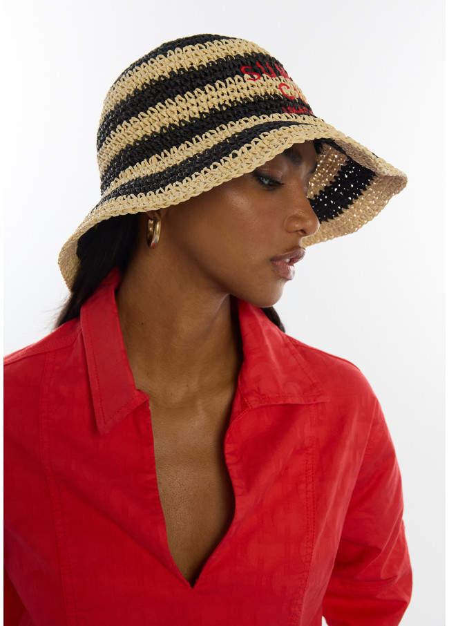 Streaked Raffia Effect Hat with Embroidery
