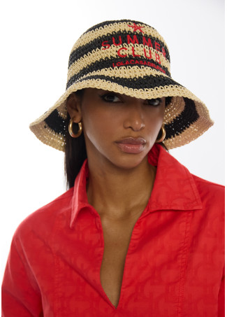 Cappello effetto rafia rigato con ricamo