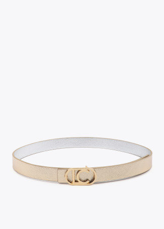 Reversible belt with oval logo buckle