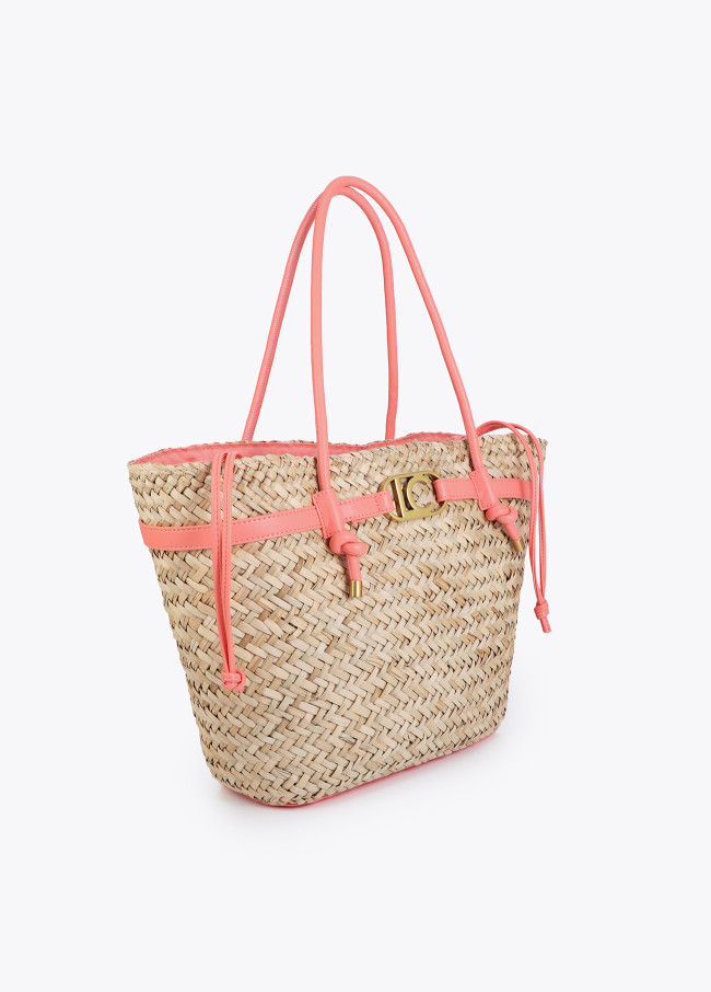 Basket with handles and faux leather details.