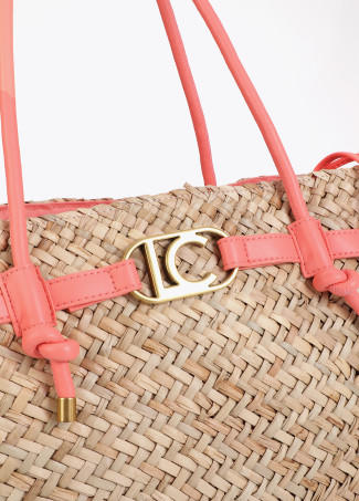 Basket with handles and faux leather details.
