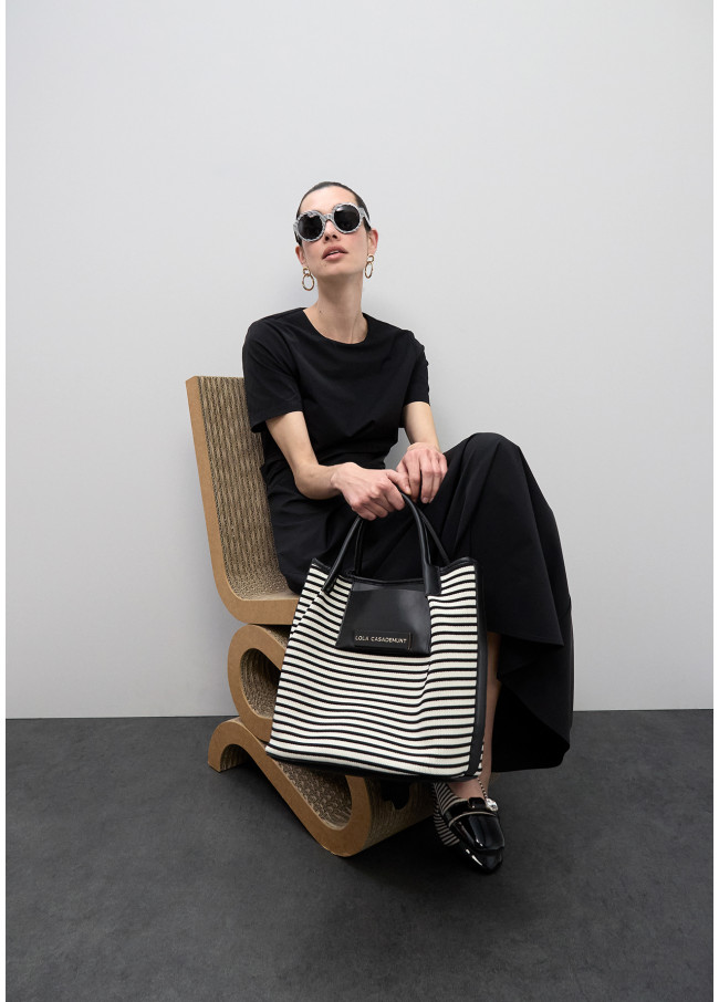 Gestreifte Stoff Shopper mit Lederoptik