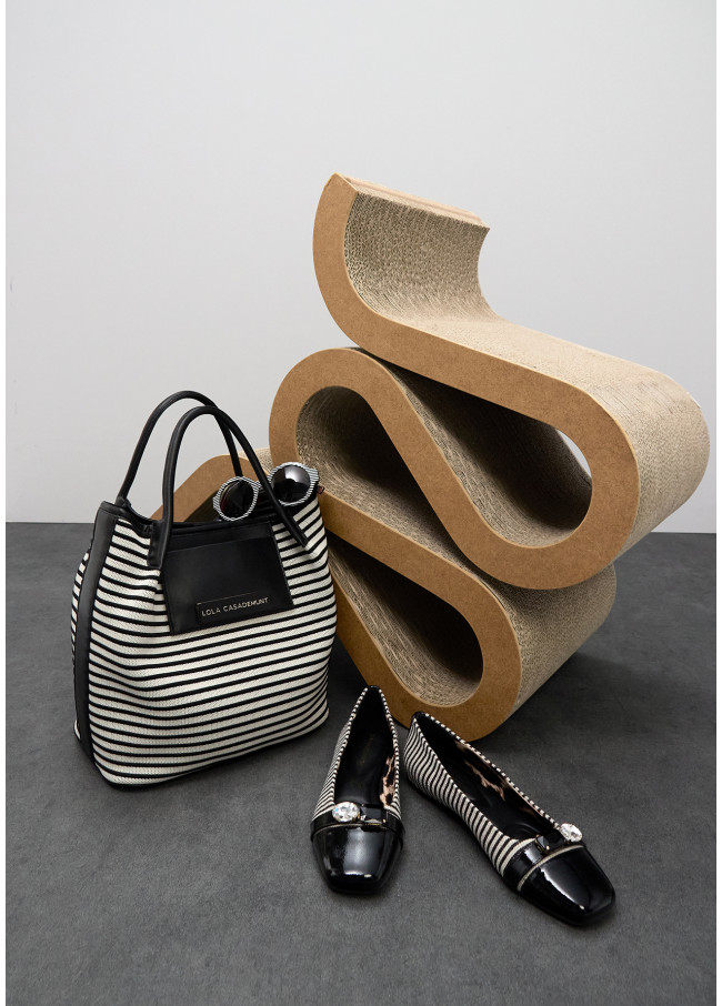 Striped Fabric Shopper with Leather Effect