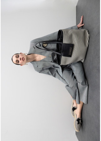 Striped Fabric Shopper with Leather Effect