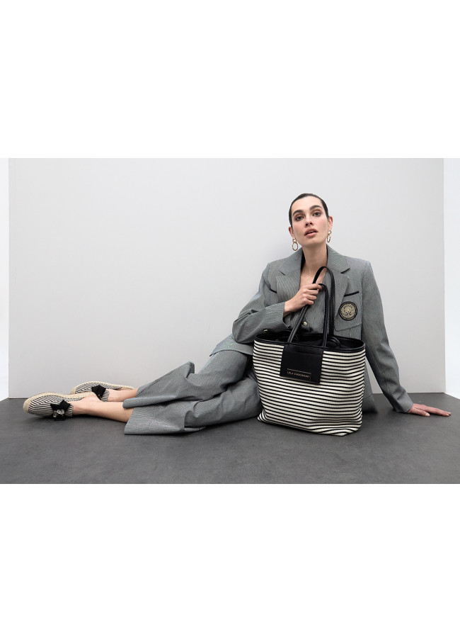 Striped Fabric Shopper with Leather Effect