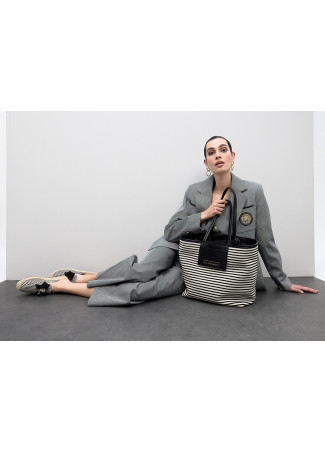 Striped Fabric Shopper with Leather Effect