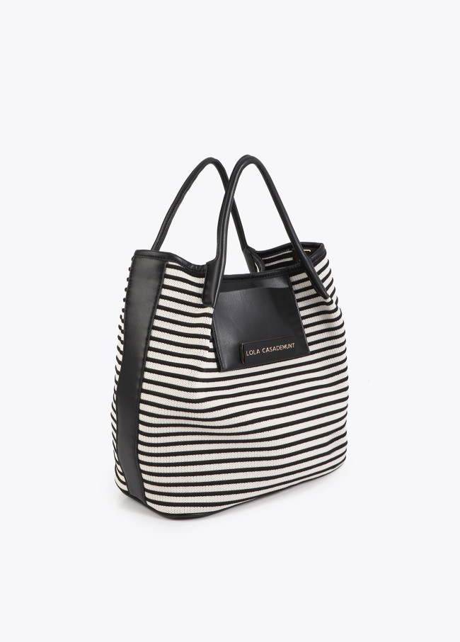 Shopper in Tessuto a Righe con Effetto Pelle