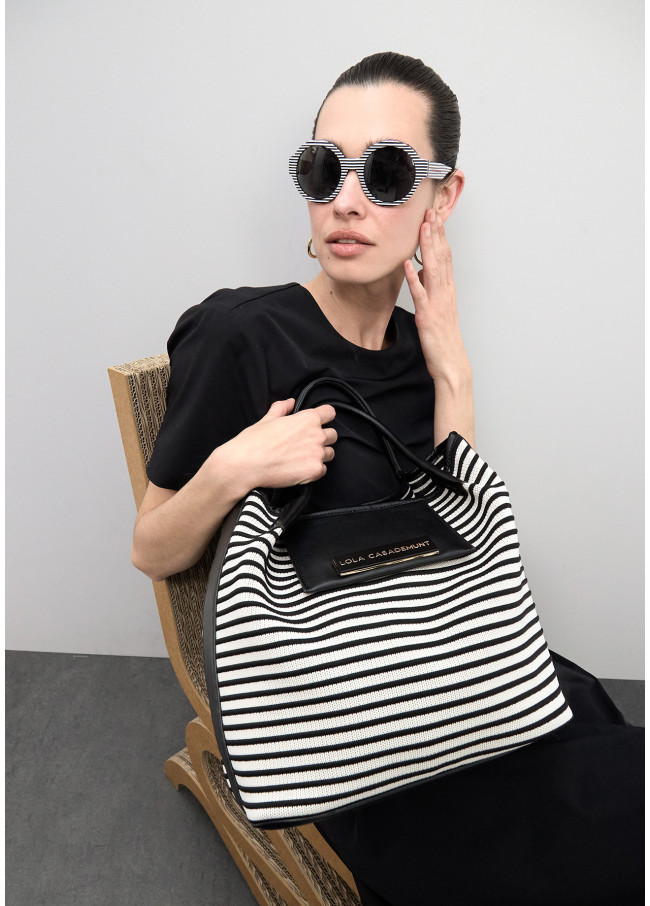 Striped Fabric Shopper with Leather Effect