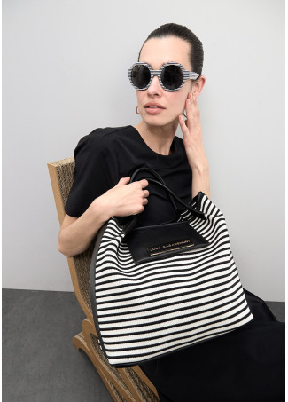 Shopper in Tessuto a Righe con Effetto Pelle