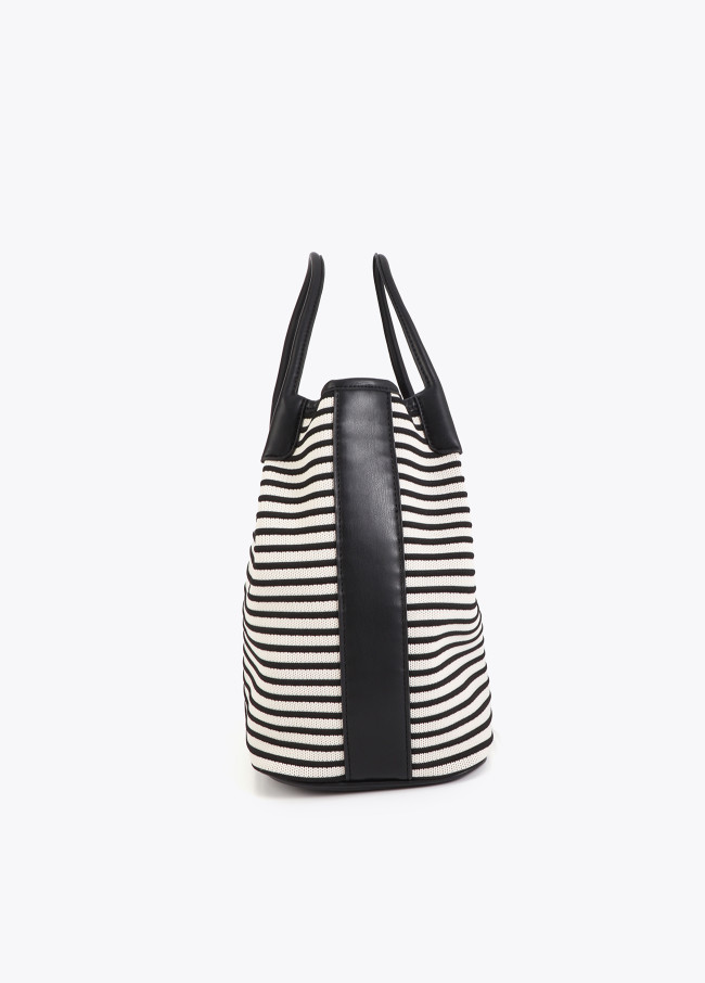 Striped Fabric Shopper with Leather Effect
