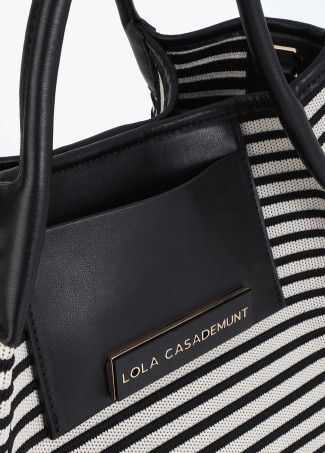 Shopper in Tessuto a Righe con Effetto Pelle