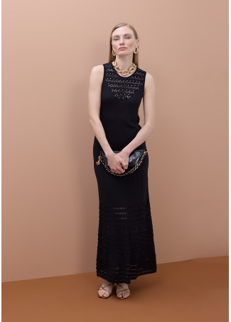 Long Knit Dress with Wide Straps and Hollow Neckline