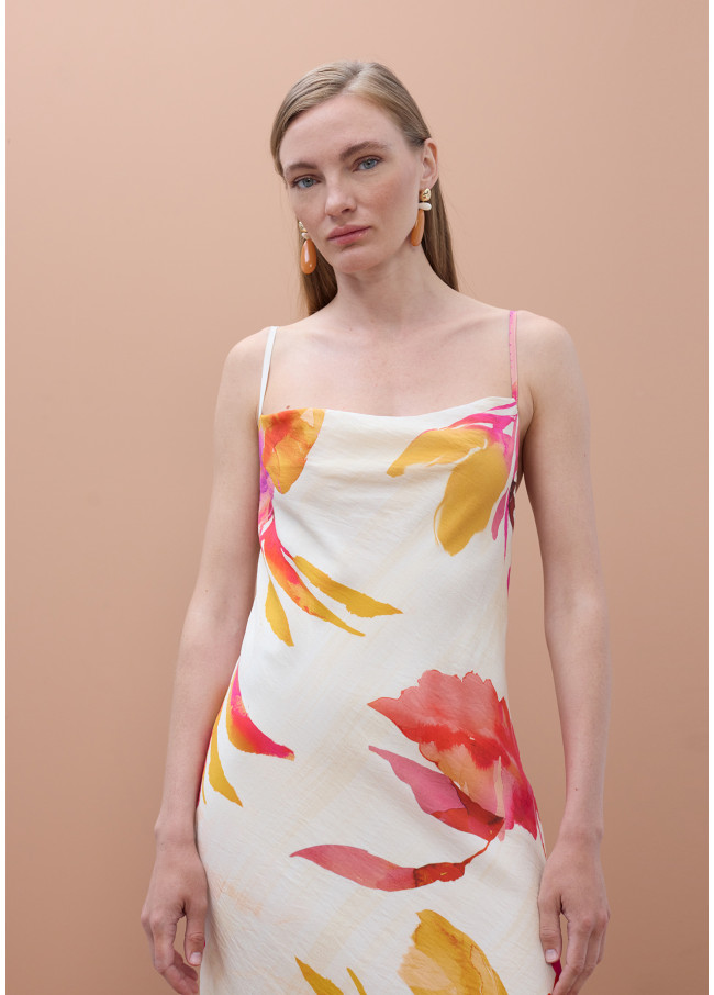 Vestido de Cetim Longo Estampado Floral