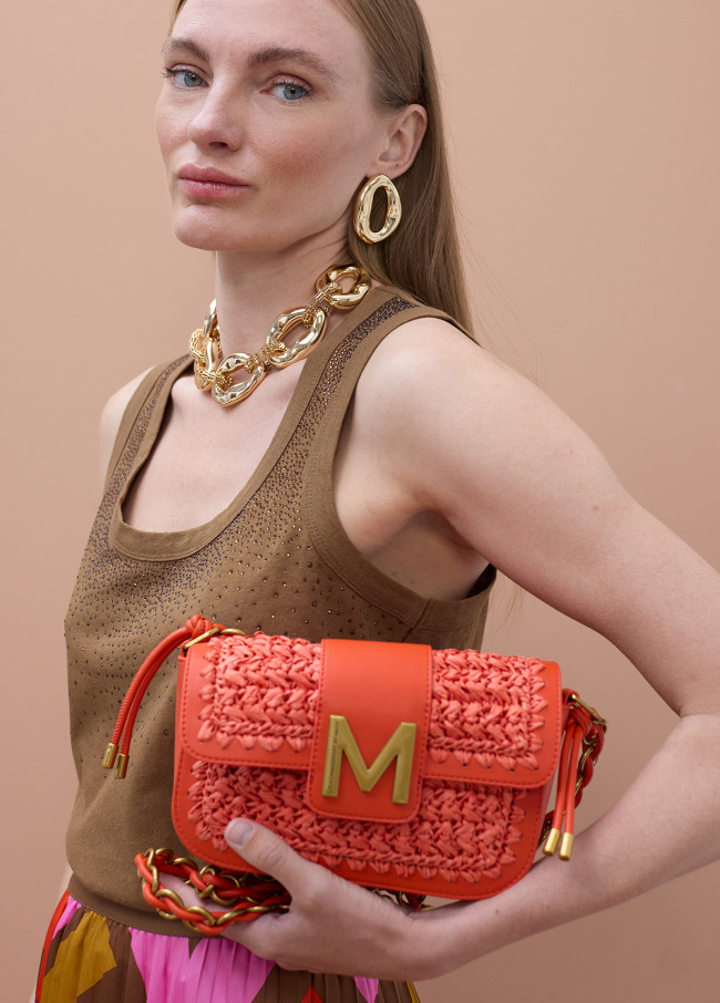 Bandoulière combinée raphia et cuir synthétique