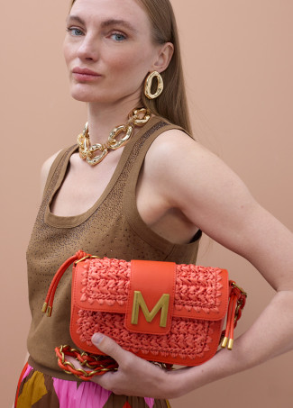 Bandoulière combinée raphia et cuir synthétique