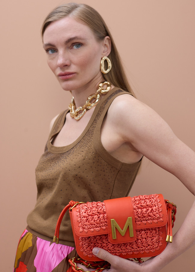 Tracolla combinata rafia e effetto pelle