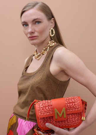 Bandoulière combinée raphia et cuir synthétique