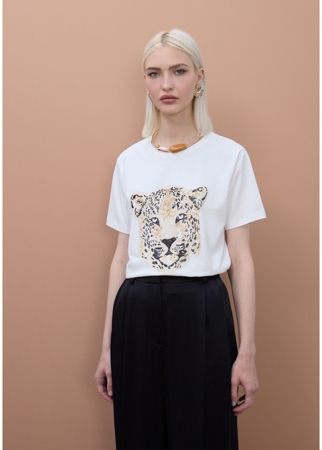 Beaded Leopard Face T-Shirt