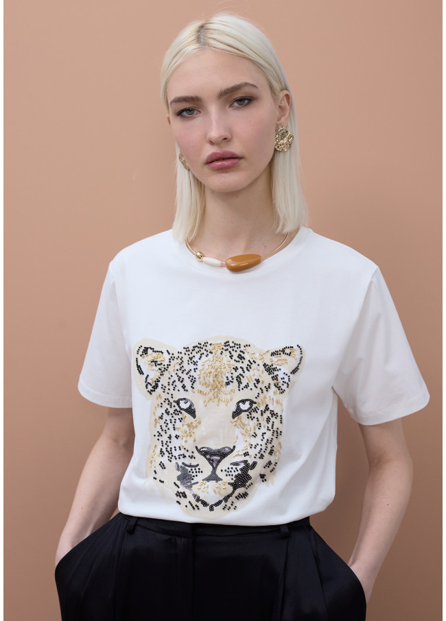 T-shirt tête de léopard perles