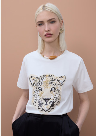 Camiseta face de leopardo com miçangas
