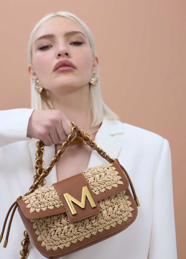 Contrast raffia and faux leather crossbody bag