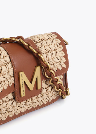 Borsa a tracolla con effetto rafia e pelle