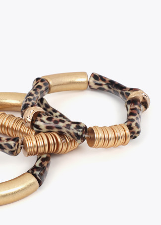 Elastic Bracelet Set with Bamboo Effect Metal Pieces Animal Print