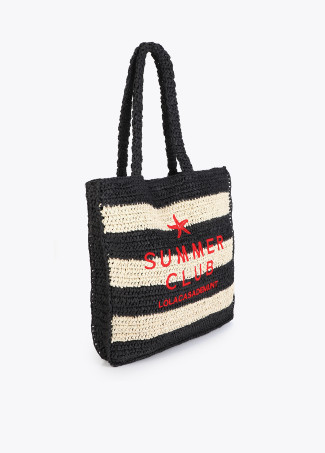 Striped Raffia Effect Bag with 3D Embroidery