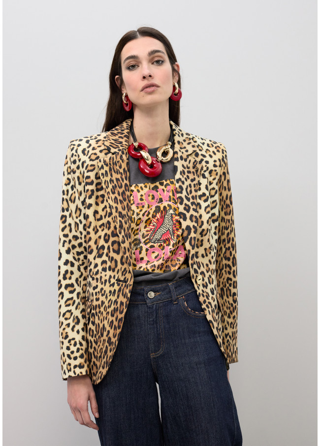 Fitted Blazer with Lapel Pockets Animal Print