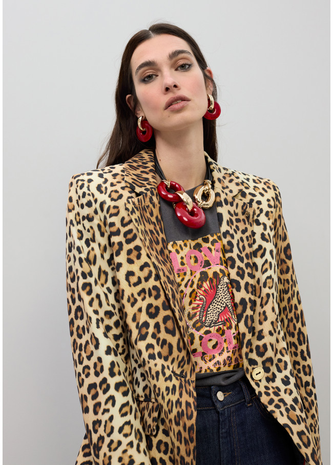 Fitted Blazer with Lapel Pockets Animal Print