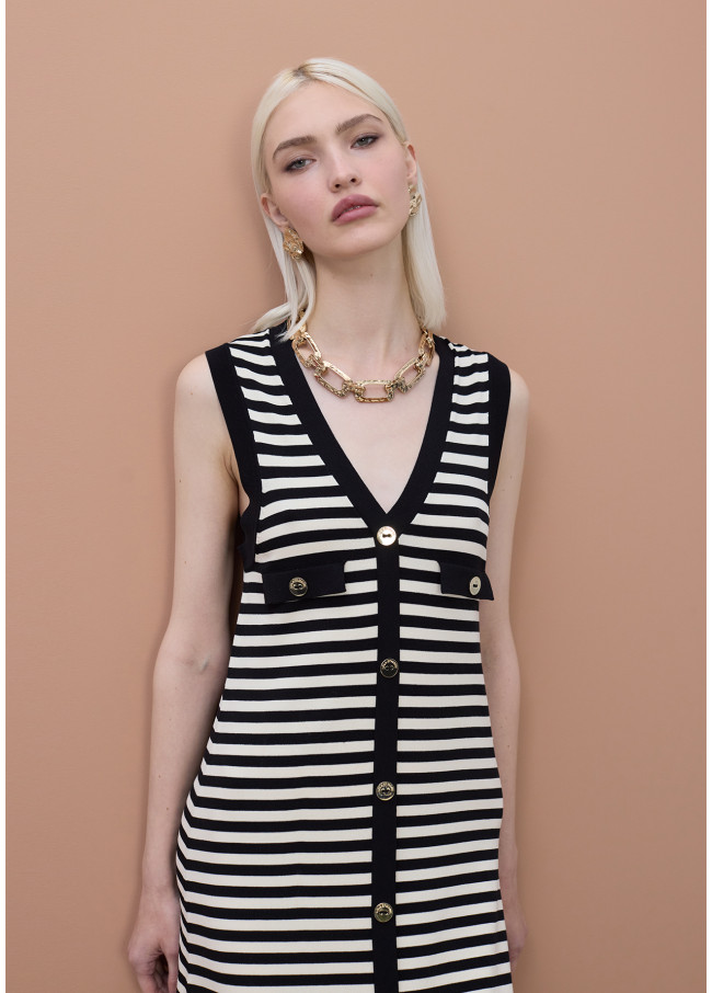 Long Sleeveless Knitted Stripe Dress with Front...