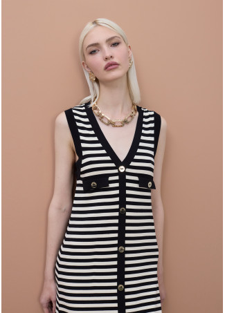 Robe Longue en Tricot Rayé Sans Manches avec Fente Frontale