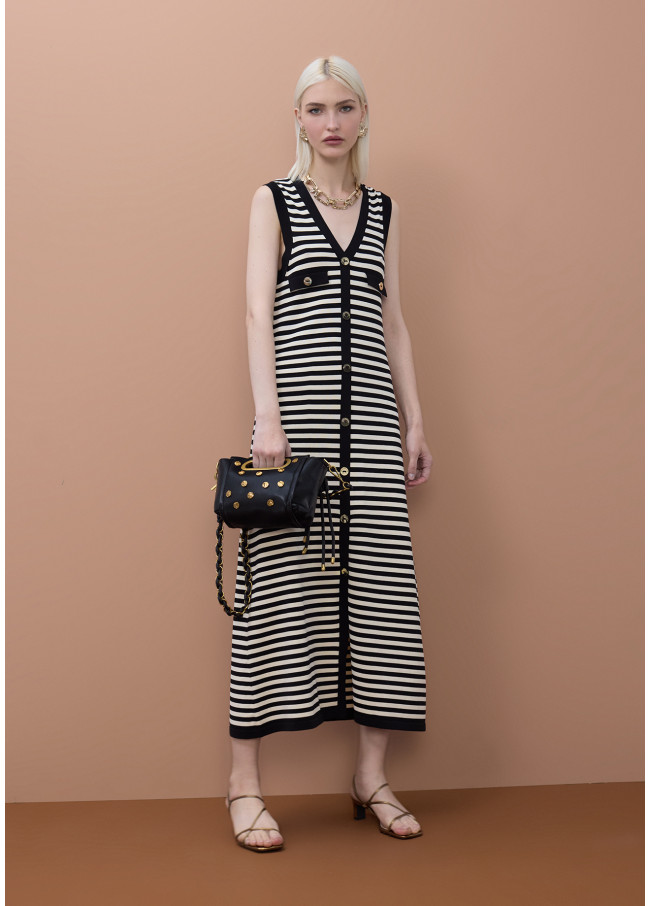 Long Sleeveless Knitted Stripe Dress with Front Slit