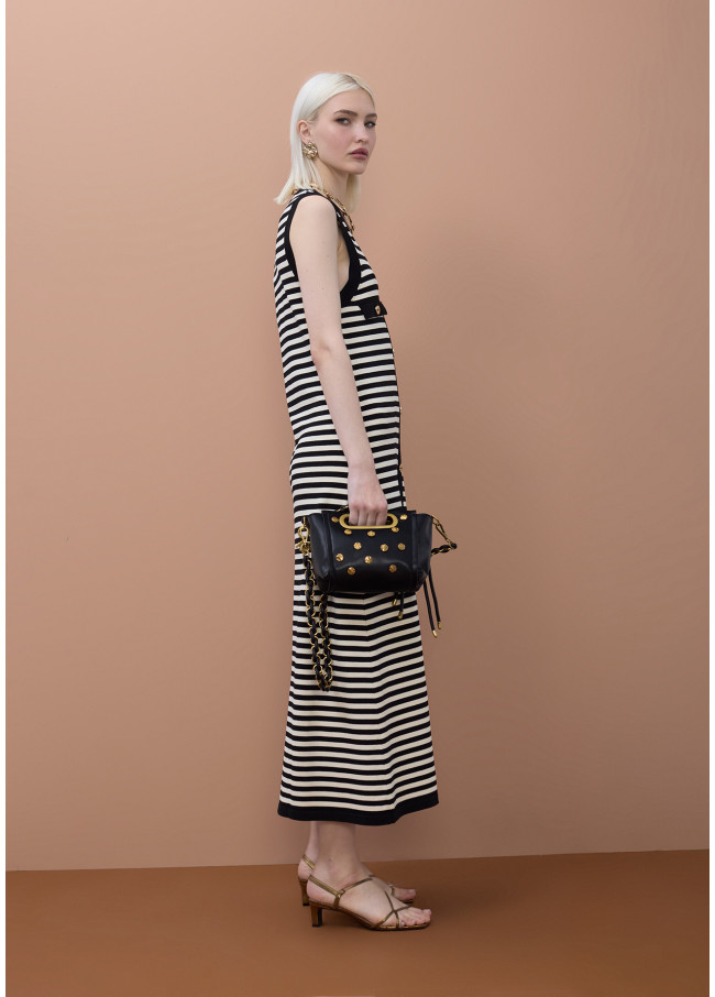 Long Sleeveless Knitted Stripe Dress with Front...