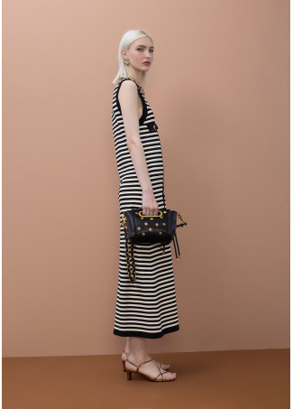 Long Sleeveless Knitted Stripe Dress with Front Slit
