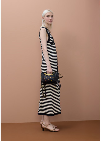 Abito Lungo a Righe Senza Maniche in Tricot con Spacco Frontale