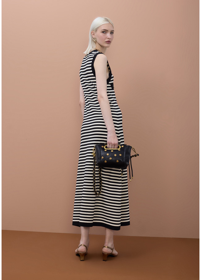 Long Sleeveless Knitted Stripe Dress with Front...