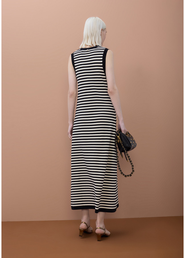Long Sleeveless Knitted Stripe Dress with Front...