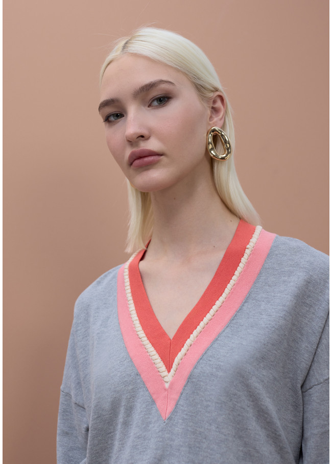 Jersey cuello pico a contraste y detalle trenza
