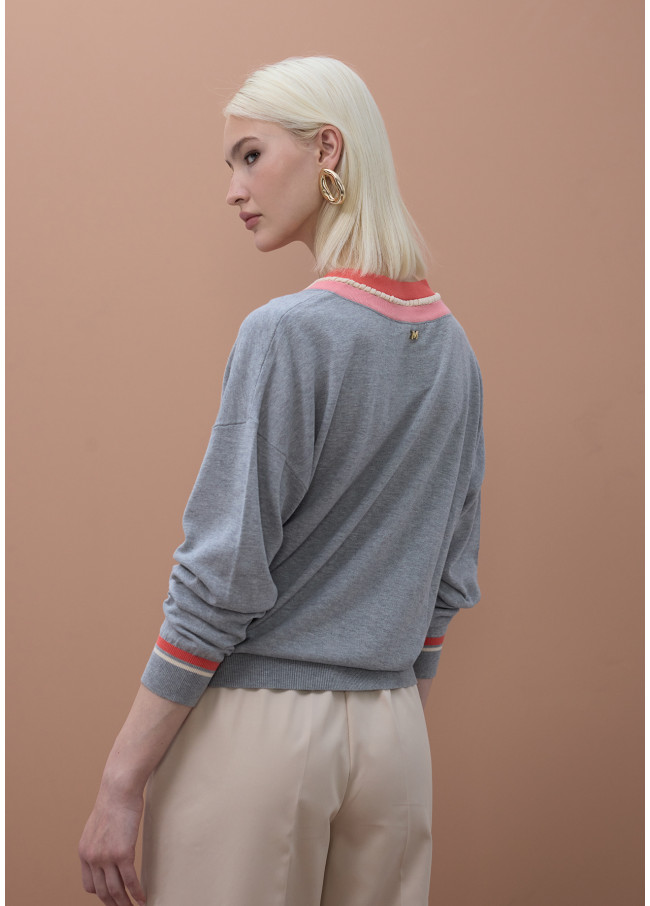 Contrast V-Neck Sweater with Braid Detail