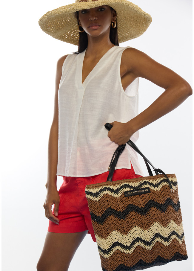 Two-Tone Herringbone Effect Raffia Bag