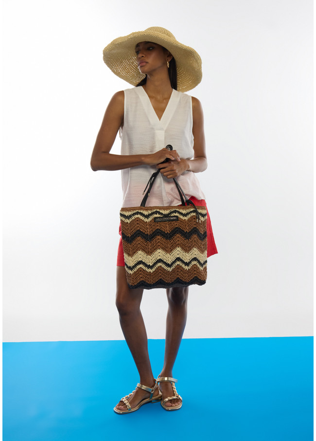Sac en Raphia Bicolore à Motif Chevron