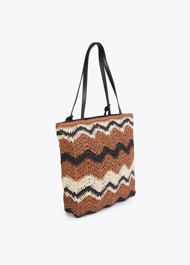 Sac en Raphia Bicolore à Motif Chevron