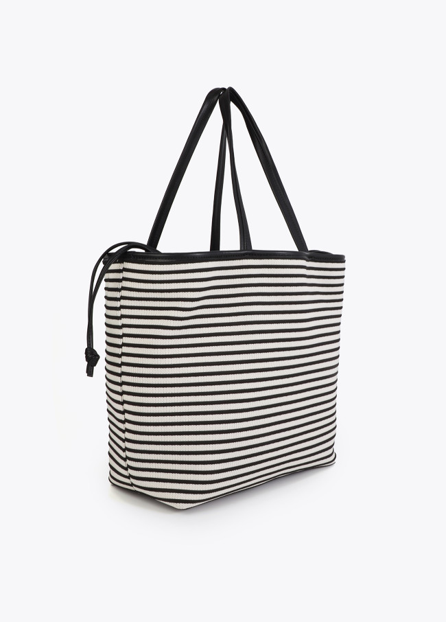 Striped Woven Shopper with Faux Leather Effect.