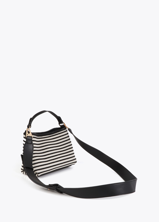 Striped Fabric Shoulder Bag with Leather Effect